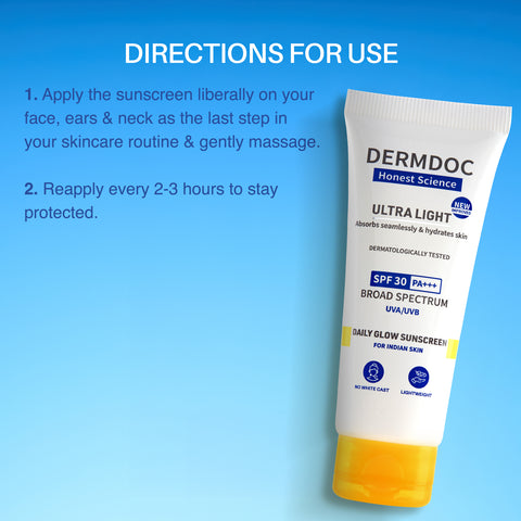 DERMDOC SPF 30 Ultra Light Daily Glow Sunscreen (50 gm) | PA+++ | Sunblock | Lightweight | Non-Greasy | 0 White Cast | Non-Comedogenic