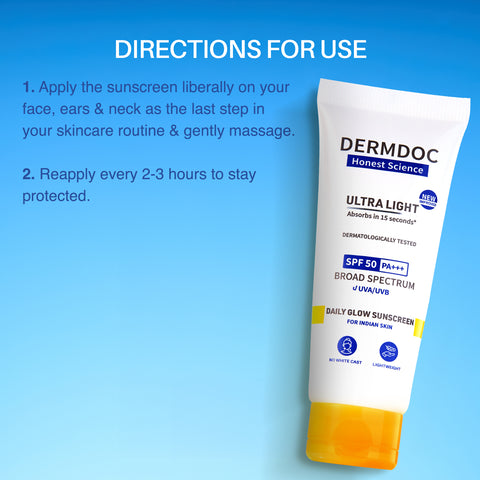 DERMDOC SPF 50 Ultra Light SPF Daily Glow Sunscreen (70 gm) | 50 gm + Extra 20 gm Free | Face Sunscreen | Lightweight | Non-Greasy | 0 White Cast | Oily Skin Friendly | Sunblock | PA+++ | Non-Comedogenic