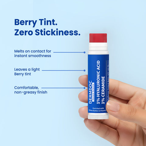 DermDoc 1% Hyaluronic Acid + 1% Ceramide Berry Tinted Lip Balm SPF 50 PA+++ 4 gm| Hydrates, Repairs & Protects Lips | UV Defense + 4 Hr Water Resistance | High Tint Coverage | Deep Moisturization | Sun Protection| Enriched with Shea Butter & Vitamin E