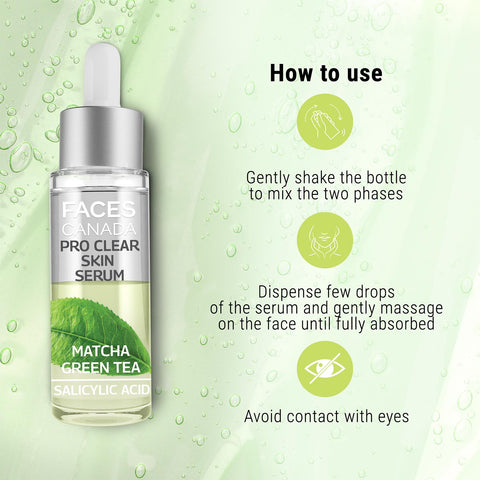 FACES CANADA Pro Clear Skin Serum, 27 ml | Matcha Green Tea & Salicylic Acid | Biphasic Face Serum | Nourishes & Soothes For Clear, Radiant & Acne-Free Skin | Helps Reduce Redness & Unclogs Pores