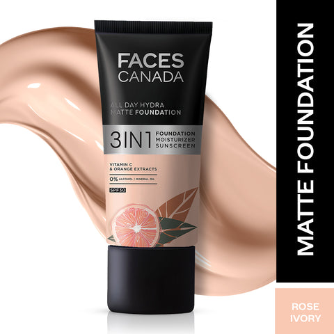 FACES CANADA All Day Hydra Matte Foundation | 3-in-1 Foundation + Moisturizer + SPF30 | 10HR Long Wear | Buildable Coverage | Rose Ivory 011, 30 ml