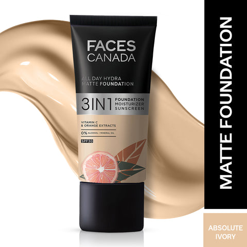 FACES CANADA All Day Hydra Matte Foundation | 3-in-1 Foundation + Moisturizer + SPF30 | 10HR Long Wear | Buildable Coverage | Absolute Ivory 012, 30 ml