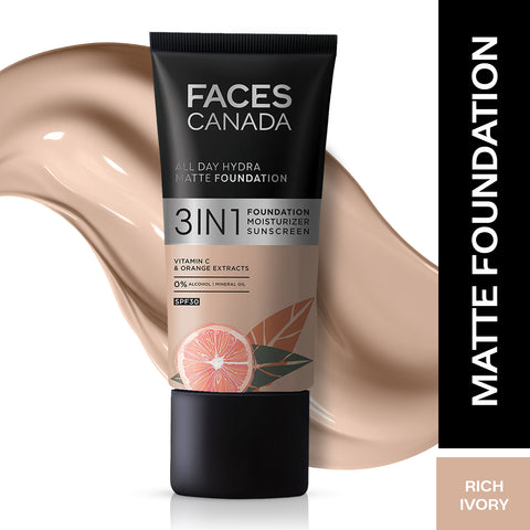 FACES CANADA All Day Hydra Matte Foundation | 3-in-1 Foundation + Moisturizer + SPF30 | 10HR Long Wear | Buildable Coverage | Rich Ivory 013, 30 ml