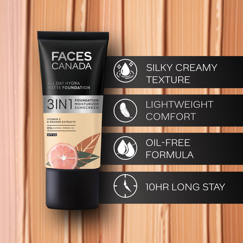 FACES CANADA All Day Hydra Matte Foundation | 3-in-1 Foundation + Moisturizer + SPF30 | 10HR Long Wear | Buildable Coverage | Rich Ivory 013, 30 ml