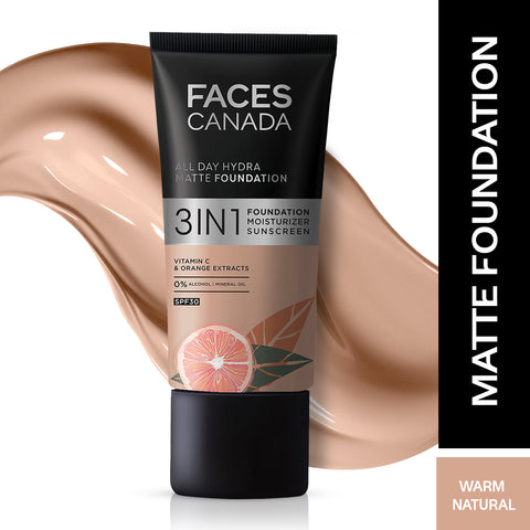 FACES CANADA All Day Hydra Matte Foundation | 3-in-1 Foundation + Moisturizer + SPF30 | 10HR Long Wear | Buildable Coverage | Warm Natural 021, 30 ml