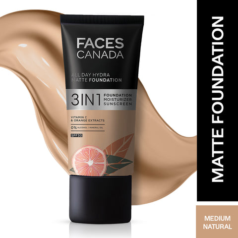 FACES CANADA All Day Hydra Matte Foundation | 3-in-1 Foundation + Moisturizer + SPF30 | 10HR Long Wear | Buildable Coverage | Medium Natural 022, 30 ml