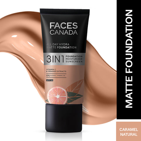 FACES CANADA All Day Hydra Matte Foundation | 3-in-1 Foundation + Moisturizer + SPF30 | 10HR Long Wear | Buildable Coverage | Caramel Natural 023, 30 ml