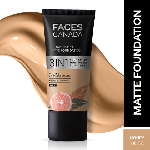 FACES CANADA All Day Hydra Matte Foundation | 3-in-1 Foundation + Moisturizer + SPF30 | 10HR Long Wear | Buildable Coverage | Honey Beige 031, 30 ml