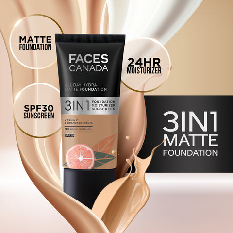 FACES CANADA All Day Hydra Matte Foundation | 3-in-1 Foundation + Moisturizer + SPF30 | 10HR Long Wear | Buildable Coverage | Honey Beige 031, 30 ml