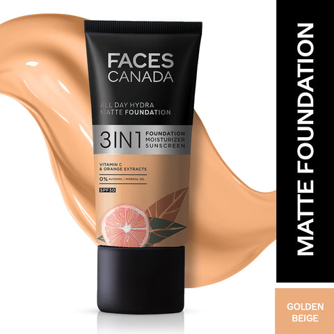 FACES CANADA All Day Hydra Matte Foundation | 3-in-1 Foundation + Moisturizer + SPF30 | 10HR Long Wear | Buildable Coverage | Golden Beige 032, 30 ml