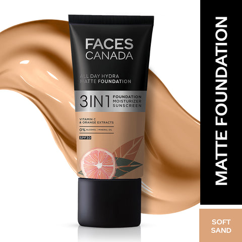 FACES CANADA All Day Hydra Matte Foundation | 3-in-1 Foundation + Moisturizer + SPF30 | 10HR Long Wear | Buildable Coverage | Soft Sand 041, 30 ml