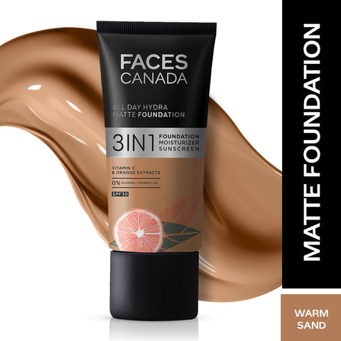 FACES CANADA All Day Hydra Matte Foundation | 3-in-1 Foundation + Moisturizer + SPF30 | 10HR Long Wear | Buildable Coverage | Warm Sand 042, 30 ml