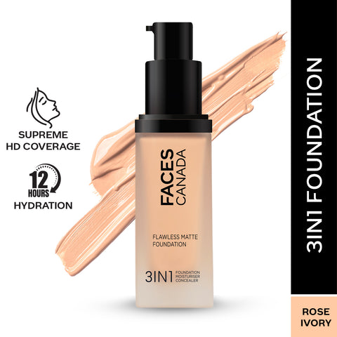 FACES CANADA Flawless Matte Foundation - Rose Ivory 011, 30 ml | 3-in-1 Foundation + Moisturizer + Concealer | 12 HR Hydration + SPF 18 | Full HD Matte Coverage | Lightweight | Anti Ageing