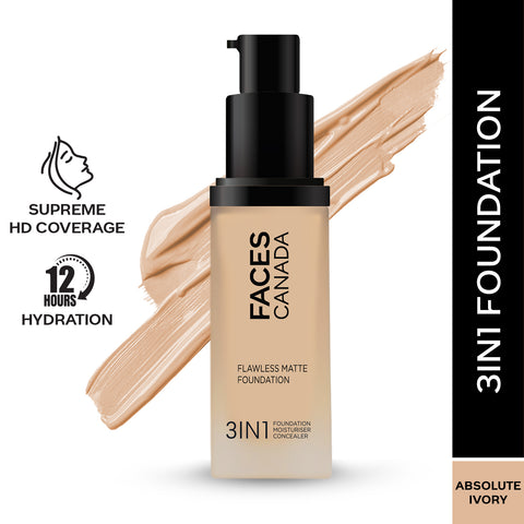 FACES CANADA Flawless Matte Foundation - Absolute Ivory 012, 30 ml | 3-in-1 Foundation + Moisturizer + Concealer | 12 HR Hydration + SPF 18 | Full HD Matte Coverage | Lightweight | Anti Ageing