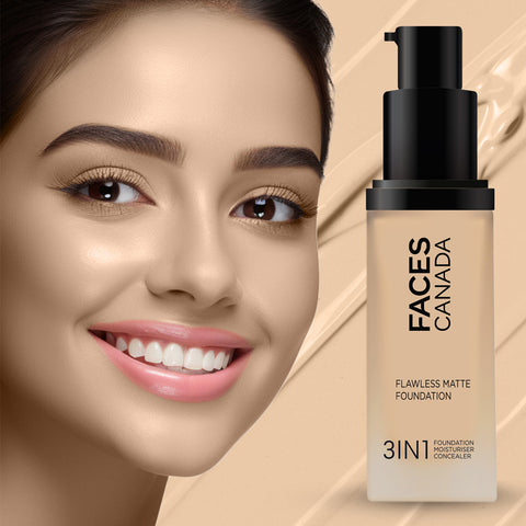FACES CANADA Flawless Matte Foundation - Absolute Ivory 012, 30 ml | 3-in-1 Foundation + Moisturizer + Concealer | 12 HR Hydration + SPF 18 | Full HD Matte Coverage | Lightweight | Anti Ageing