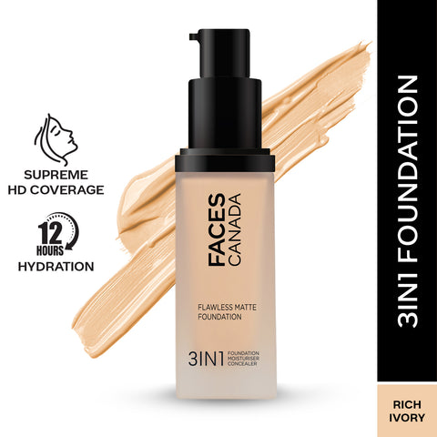FACES CANADA Flawless Matte Foundation - Rich Ivory 013, 30 ml | 3-in-1 Foundation + Moisturizer + Concealer | 12 HR Hydration + SPF 18 | Full HD Matte Coverage | Lightweight | Anti Ageing