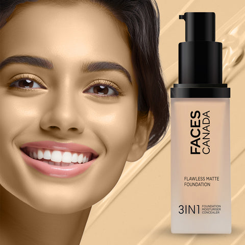 FACES CANADA Flawless Matte Foundation - Rich Ivory 013, 30 ml | 3-in-1 Foundation + Moisturizer + Concealer | 12 HR Hydration + SPF 18 | Full HD Matte Coverage | Lightweight | Anti Ageing