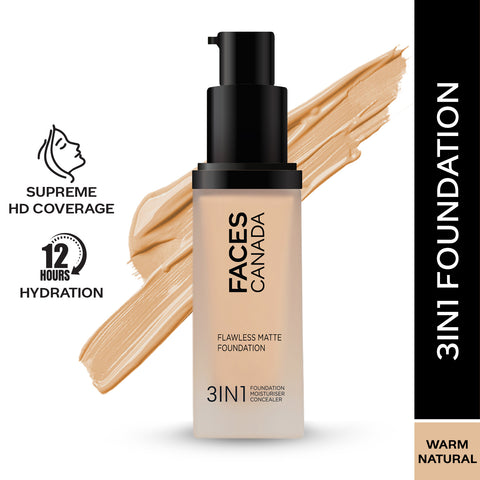 FACES CANADA Flawless Matte Foundation - Warm Natural 021, 30 ml | 3-in-1 Foundation + Moisturizer + Concealer | 12 HR Hydration + SPF 18 | Full HD Matte Coverage | Lightweight | Anti Ageing