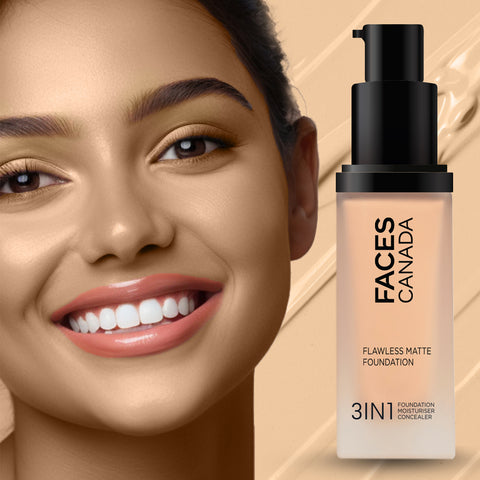 FACES CANADA Flawless Matte Foundation - Warm Natural 021, 30 ml | 3-in-1 Foundation + Moisturizer + Concealer | 12 HR Hydration + SPF 18 | Full HD Matte Coverage | Lightweight | Anti Ageing