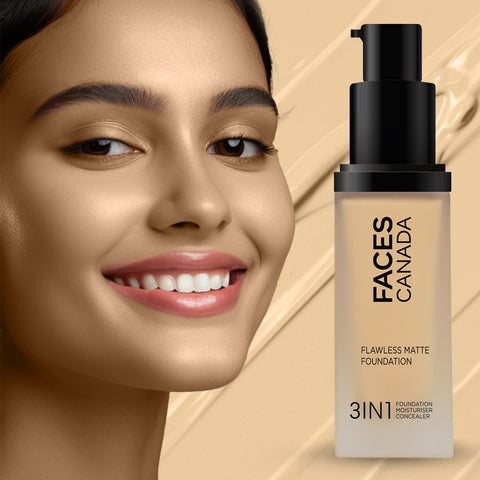 FACES CANADA Flawless Matte Foundation - Medium Natural 022, 30 ml | 3-in-1 Foundation + Moisturizer + Concealer | 12 HR Hydration + SPF 18 | Full HD Matte Coverage | Lightweight | Anti Ageing