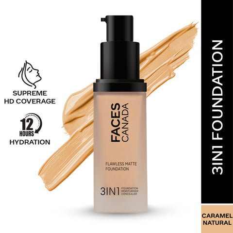 FACES CANADA Flawless Matte Foundation - Caramel Natural 023, 30 ml | 3-in-1 Foundation + Moisturizer + Concealer | 12 HR Hydration + SPF 18 | Full HD Matte Coverage | Lightweight | Anti Ageing