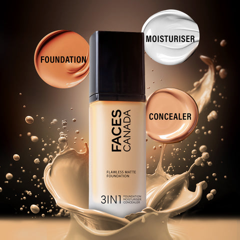 FACES CANADA Flawless Matte Foundation - Caramel Natural 023, 30 ml | 3-in-1 Foundation + Moisturizer + Concealer | 12 HR Hydration + SPF 18 | Full HD Matte Coverage | Lightweight | Anti Ageing