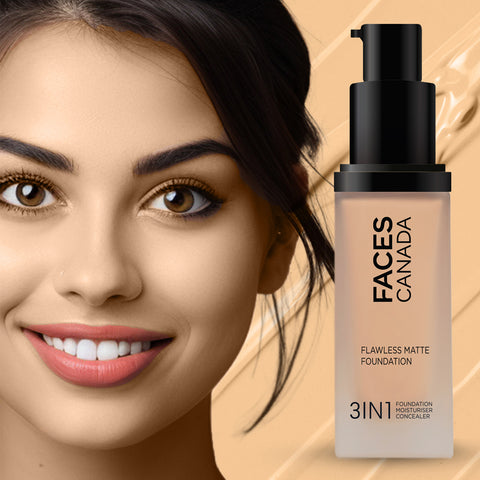 FACES CANADA Flawless Matte Foundation - Caramel Natural 023, 30 ml | 3-in-1 Foundation + Moisturizer + Concealer | 12 HR Hydration + SPF 18 | Full HD Matte Coverage | Lightweight | Anti Ageing