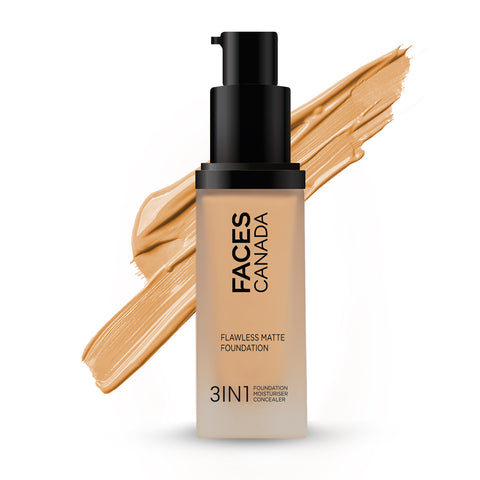 FACES CANADA Flawless Matte Foundation - Honey Beige 031, 30 ml | 3-in-1 Foundation + Moisturizer + Concealer | 12 HR Hydration + SPF 18 | Full HD Matte Coverage | Lightweight | Anti Ageing