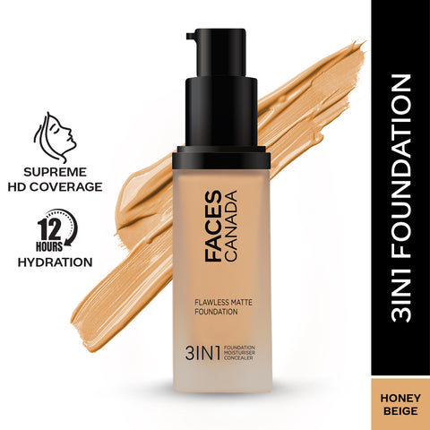 FACES CANADA Flawless Matte Foundation - Honey Beige 031, 30 ml | 3-in-1 Foundation + Moisturizer + Concealer | 12 HR Hydration + SPF 18 | Full HD Matte Coverage | Lightweight | Anti Ageing