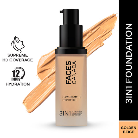 FACES CANADA Flawless Matte Foundation - Golden Beige 032, 30 ml | 3-in-1 Foundation + Moisturizer + Concealer | 12 HR Hydration + SPF 18 | Full HD Matte Coverage | Lightweight | Anti Ageing