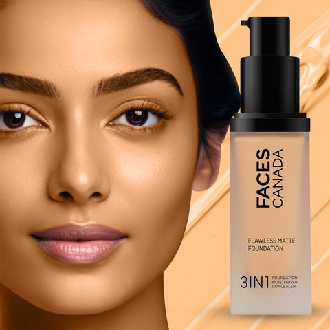 FACES CANADA Flawless Matte Foundation - Golden Beige 032, 30 ml | 3-in-1 Foundation + Moisturizer + Concealer | 12 HR Hydration + SPF 18 | Full HD Matte Coverage | Lightweight | Anti Ageing