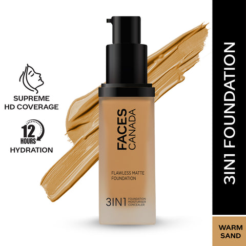 FACES CANADA Flawless Matte Foundation - Warm Sand 042, 30 ml | 3-in-1 Foundation + Moisturizer + Concealer | 12 HR Hydration + SPF 18 | Full HD Matte Coverage | Lightweight | Anti Ageing