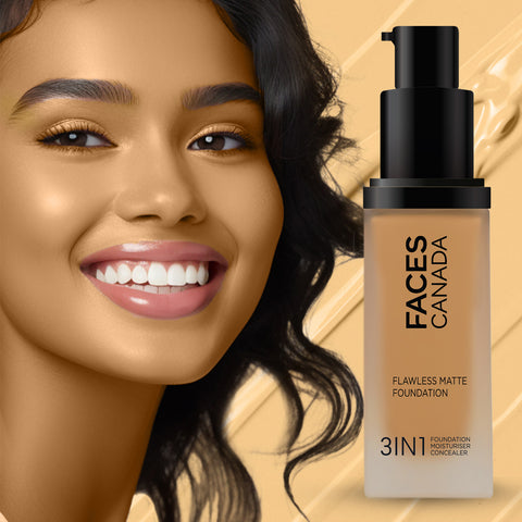 FACES CANADA Flawless Matte Foundation - Warm Sand 042, 30 ml | 3-in-1 Foundation + Moisturizer + Concealer | 12 HR Hydration + SPF 18 | Full HD Matte Coverage | Lightweight | Anti Ageing