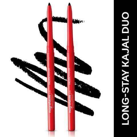 FACES CANADA Magneteyes Kajal Duo Pack - Black, (0.35 gm x 2) | 24HR Long Stay | One Stroke Smooth Glide | Waterproof, Smudgeproof & Fadeproof | Almond Oil & Vitamin E