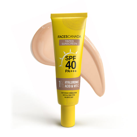 FACES CANADA Tinted Sunscreen, 30 gm | SPF 40 PA+++ | Protects From UVA, UVB & Blue-Light Rays | 1% Hyaluronic Acid & Vitamin C | Lightweight | No White Cast | No Alcohol | No Parabens