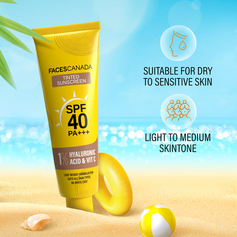 FACES CANADA Tinted Sunscreen, 30 gm | SPF 40 PA+++ | Protects From UVA, UVB & Blue-Light Rays | 1% Hyaluronic Acid & Vitamin C | Lightweight | No White Cast | No Alcohol | No Parabens