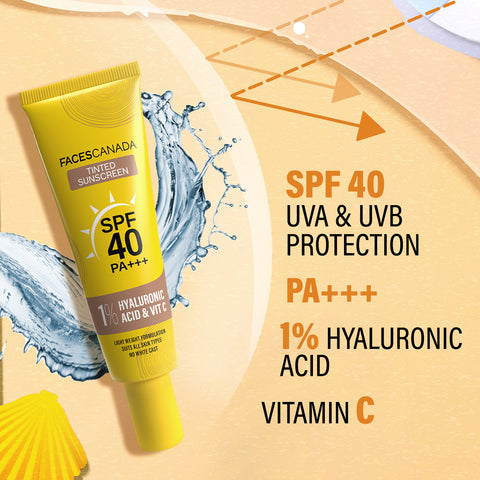 FACES CANADA Tinted Sunscreen, 30 gm | SPF 40 PA+++ | Protects From UVA, UVB & Blue-Light Rays | 1% Hyaluronic Acid & Vitamin C | Lightweight | No White Cast | No Alcohol | No Parabens