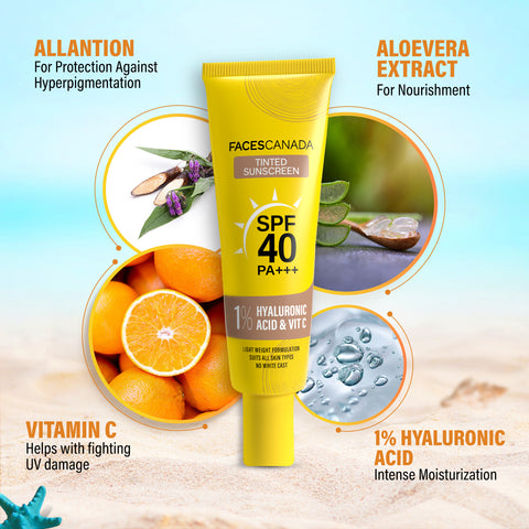 FACES CANADA Tinted Sunscreen, 30 gm | SPF 40 PA+++ | Protects From UVA, UVB & Blue-Light Rays | 1% Hyaluronic Acid & Vitamin C | Lightweight | No White Cast | No Alcohol | No Parabens