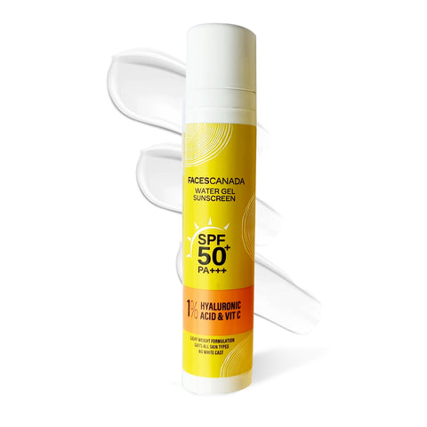FACES CANADA Water Gel Sunscreen, 50 gm | SPF 50 PA+++ | Protects From UVA, UVB & Blue-Light Rays | 1% Hyaluronic Acid & Vitamin C | Lightweight | No White Cast | Natural Radiant Glow| No Alcohol