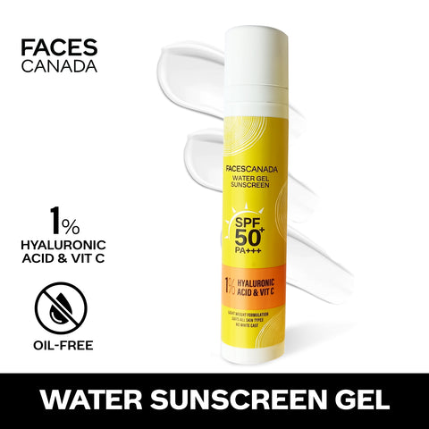 FACES CANADA Water Gel Sunscreen, 50 gm | SPF 50 PA+++ | Protects From UVA, UVB & Blue-Light Rays | 1% Hyaluronic Acid & Vitamin C | Lightweight | No White Cast | Natural Radiant Glow| No Alcohol