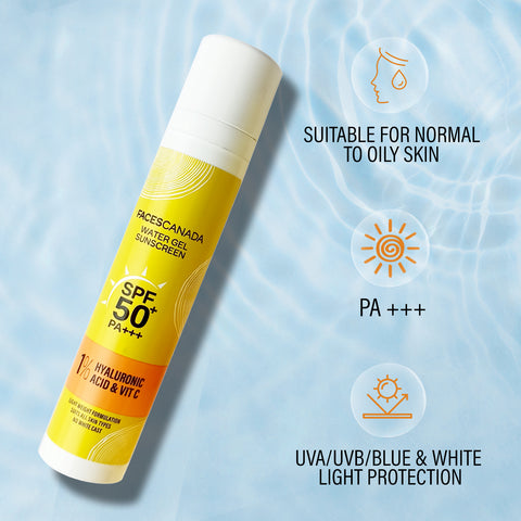 FACES CANADA Water Gel Sunscreen, 50 gm | SPF 50 PA+++ | Protects From UVA, UVB & Blue-Light Rays | 1% Hyaluronic Acid & Vitamin C | Lightweight | No White Cast | Natural Radiant Glow| No Alcohol