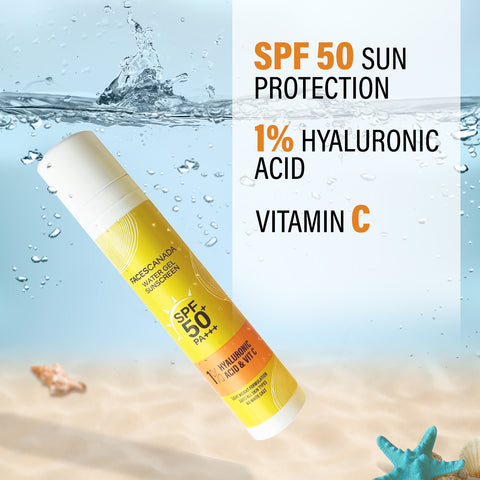 FACES CANADA Water Gel Sunscreen, 50 gm | SPF 50 PA+++ | Protects From UVA, UVB & Blue-Light Rays | 1% Hyaluronic Acid & Vitamin C | Lightweight | No White Cast | Natural Radiant Glow| No Alcohol