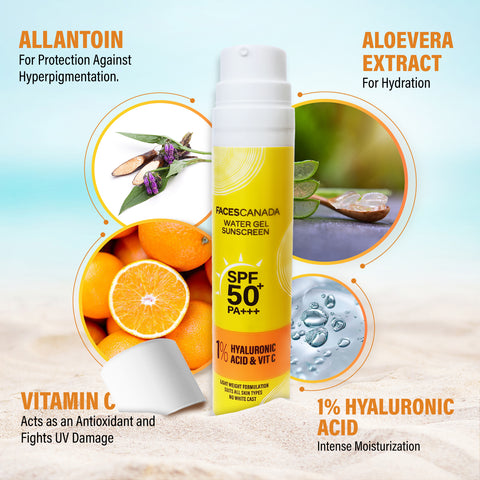 FACES CANADA Water Gel Sunscreen, 50 gm | SPF 50 PA+++ | Protects From UVA, UVB & Blue-Light Rays | 1% Hyaluronic Acid & Vitamin C | Lightweight | No White Cast | Natural Radiant Glow| No Alcohol
