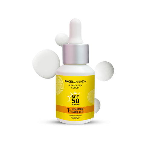 FACES CANADA Sunscreen Serum, 30 ml | SPF 50 PA+++ | Protects From UVA & UVB Rays | 1% Hyaluronic Acid & Vitamin C | Lightweight | No White Cast | Natural Radiant Glow| No Alcohol | No Parabens
