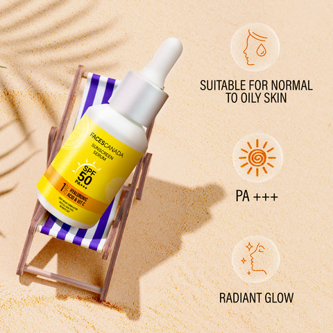 FACES CANADA Sunscreen Serum, 30 ml | SPF 50 PA+++ | Protects From UVA & UVB Rays | 1% Hyaluronic Acid & Vitamin C | Lightweight | No White Cast | Natural Radiant Glow| No Alcohol | No Parabens