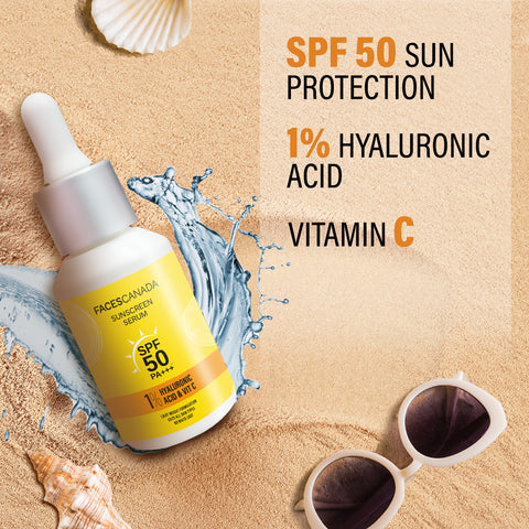 FACES CANADA Sunscreen Serum, 30 ml | SPF 50 PA+++ | Protects From UVA & UVB Rays | 1% Hyaluronic Acid & Vitamin C | Lightweight | No White Cast | Natural Radiant Glow| No Alcohol | No Parabens