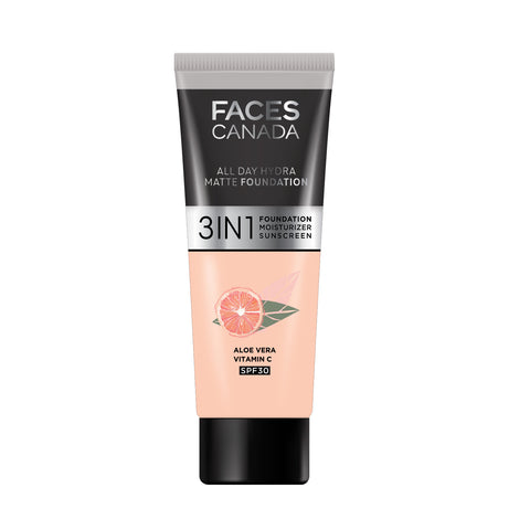 FACES CANADA All Day Hydra Matte Foundation (Mini) | 3IN1 Foundation + Moisturizer + SPF30 | 10HR Long Wear | Buildable Coverage | Rose Ivory 15 ml