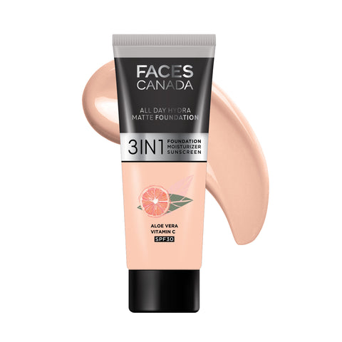 FACES CANADA All Day Hydra Matte Foundation (Mini) | 3IN1 Foundation + Moisturizer + SPF30 | 10HR Long Wear | Buildable Coverage | Rose Ivory 15 ml