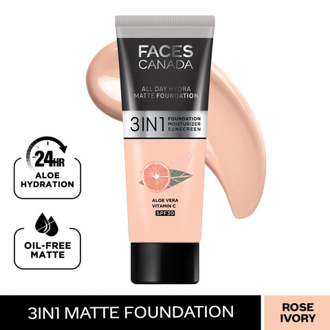 FACES CANADA All Day Hydra Matte Foundation (Mini) | 3IN1 Foundation + Moisturizer + SPF30 | 10HR Long Wear | Buildable Coverage | Rose Ivory 15 ml