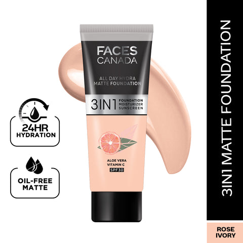 FACES CANADA All Day Hydra Matte Foundation (Mini) | 3IN1 Foundation + Moisturizer + SPF30 | 10HR Long Wear | Buildable Coverage | Rose Ivory 15 ml